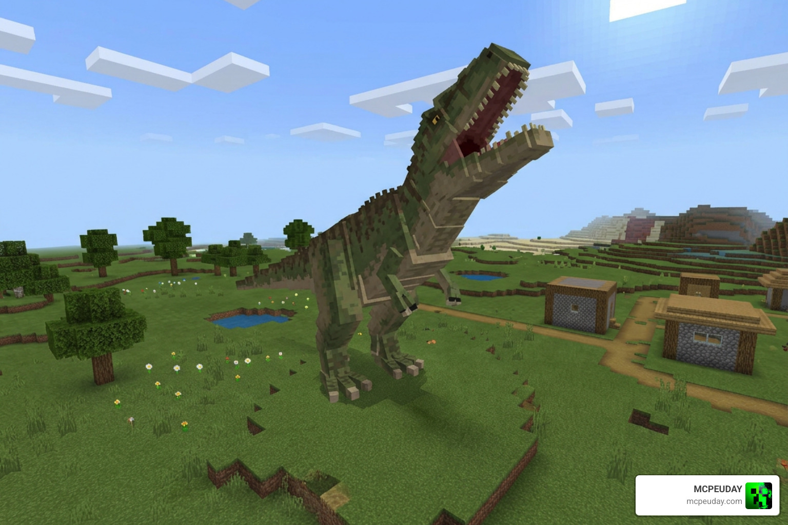 A massive Giganotosaurus roaring in a Minecraft plains biome