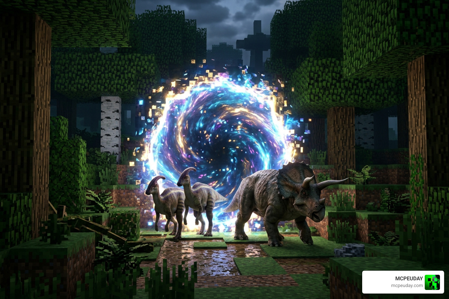 A shimmering time anomaly portal spawning creatures in a Minecraft forest