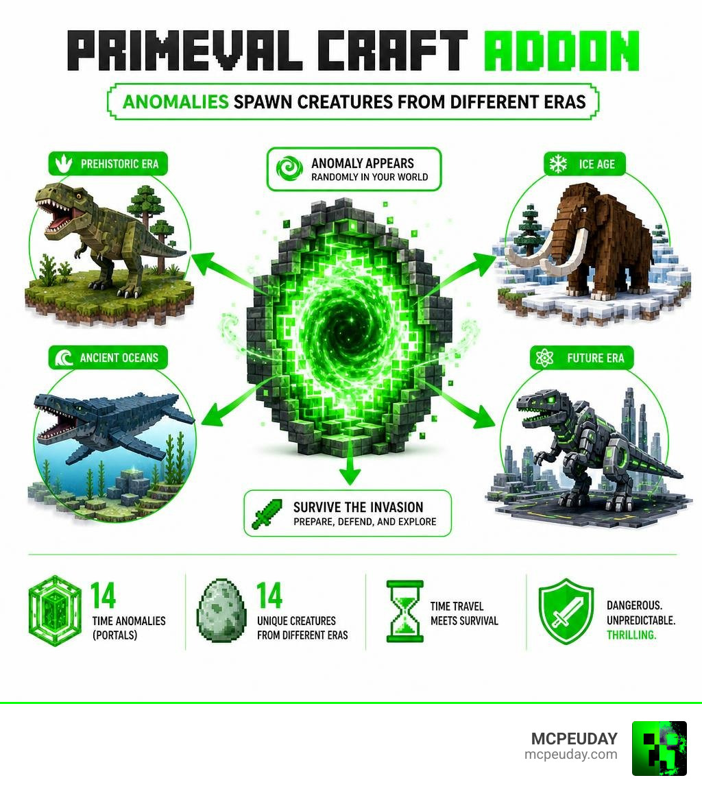 Infographic showing how Primeval Craft Addon anomalies spawn creatures from different eras into Minecraft infographic