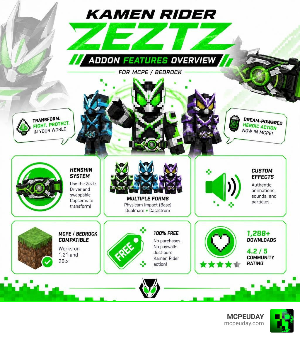 Kamen Rider Zeztz Addon features overview infographic for MCPE Bedrock infographic