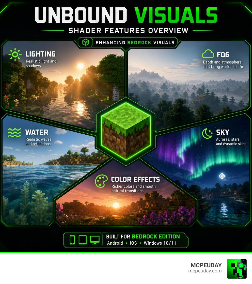 Unbound Visuals Shader features overview: lighting, fog, water, sky, and color effects for Bedrock infographic