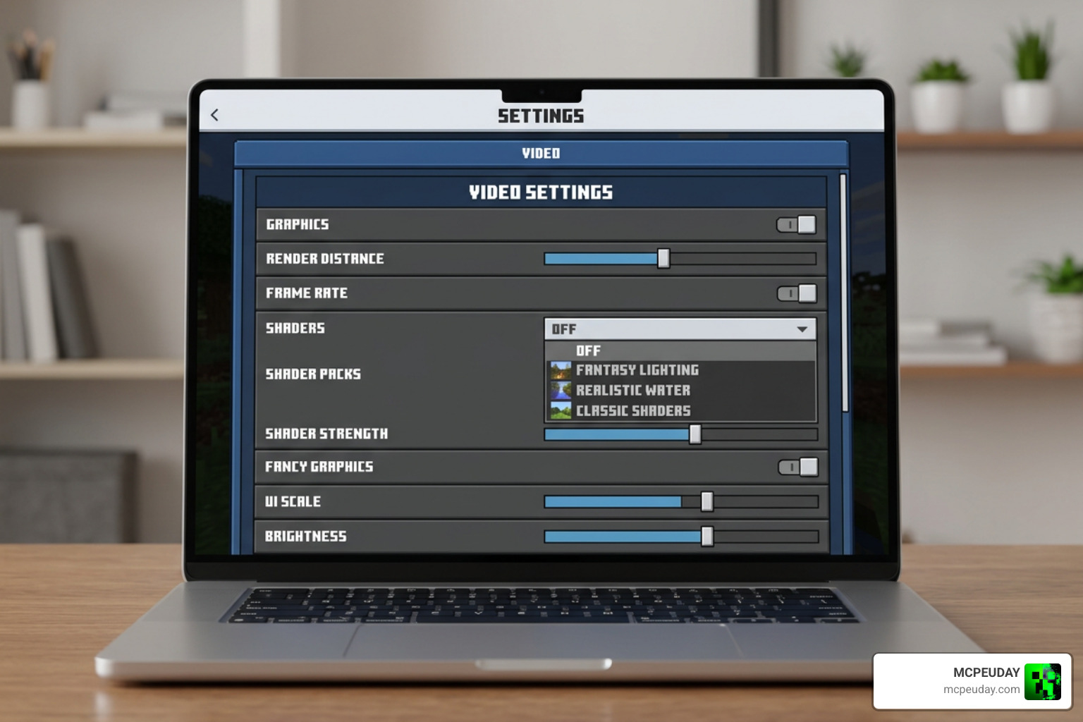 Minecraft Bedrock video settings menu for shaders