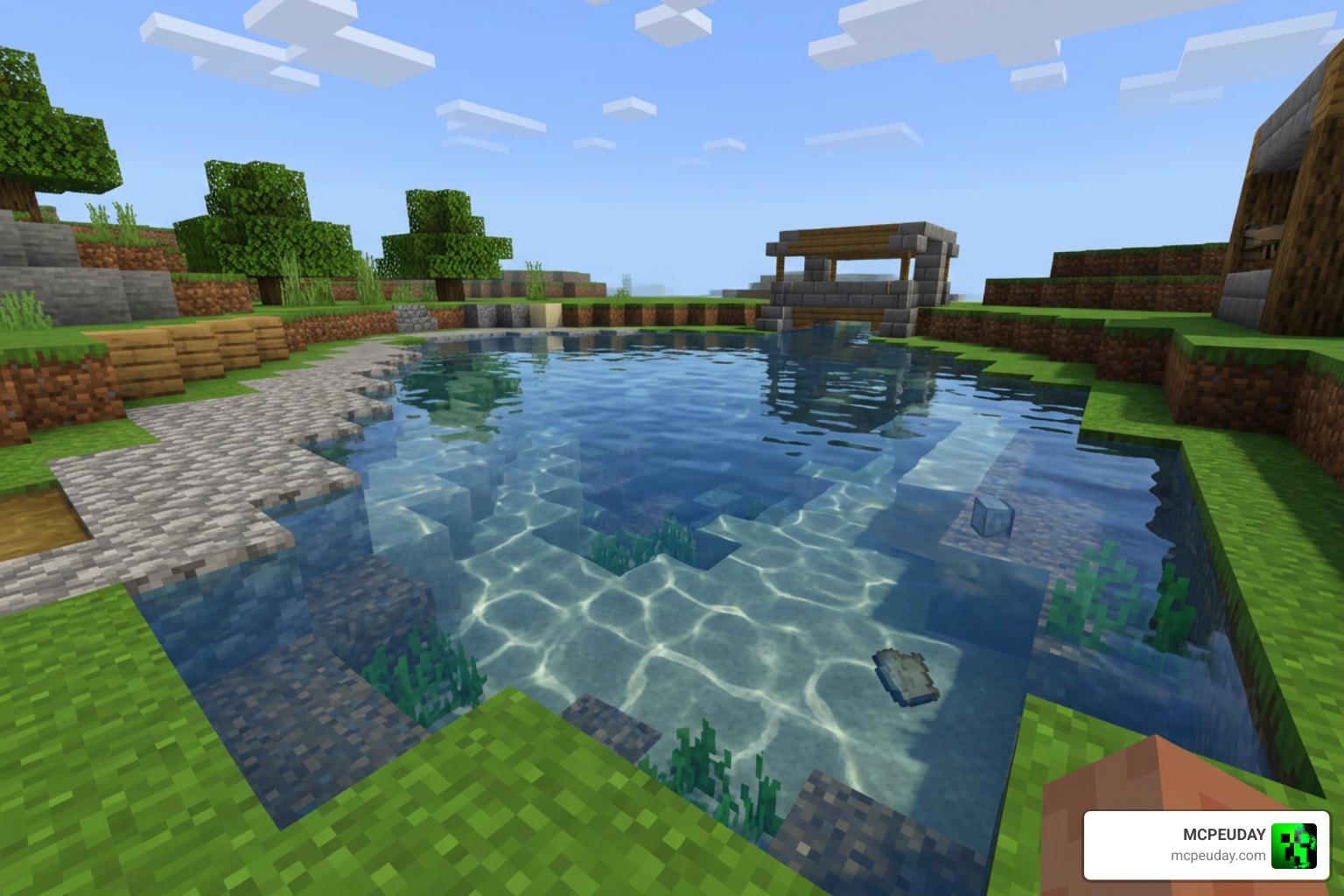 Water reflections in Minecraft Bedrock using the Colorful Visuals Shader