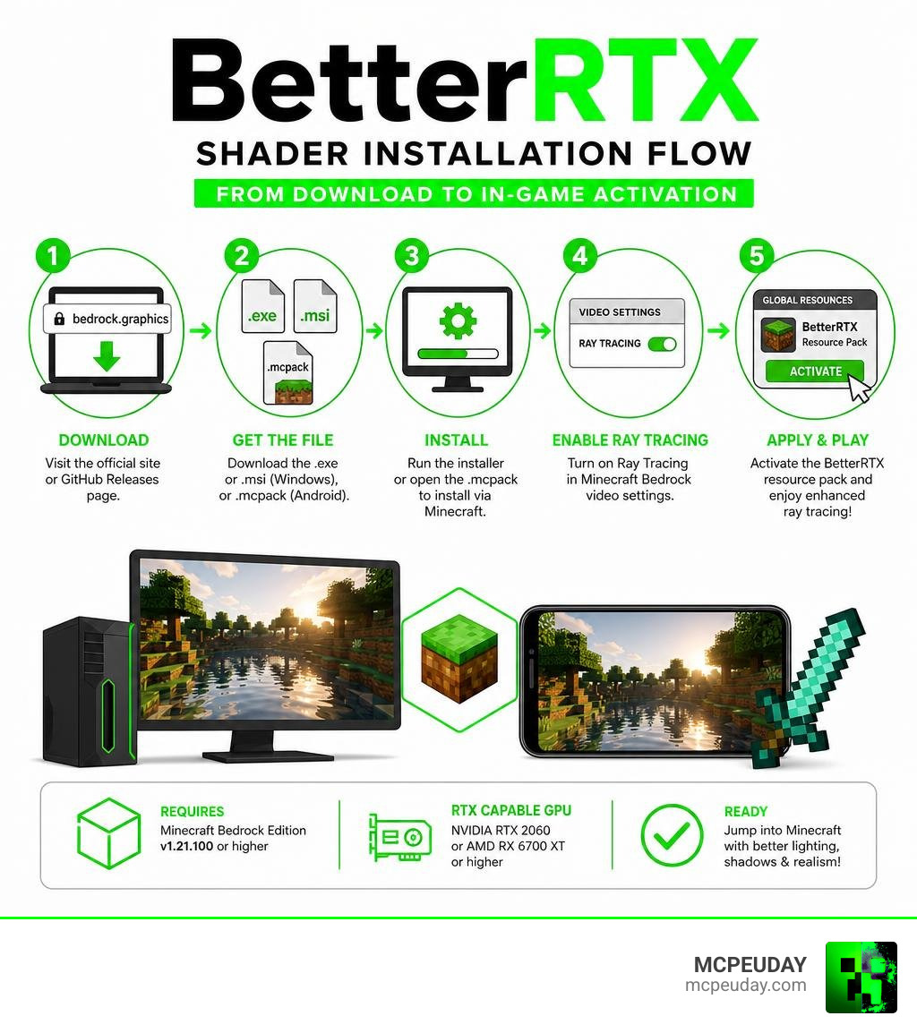 BetterRTX Shader installation flow from download to in-game activation on Bedrock Edition infographic