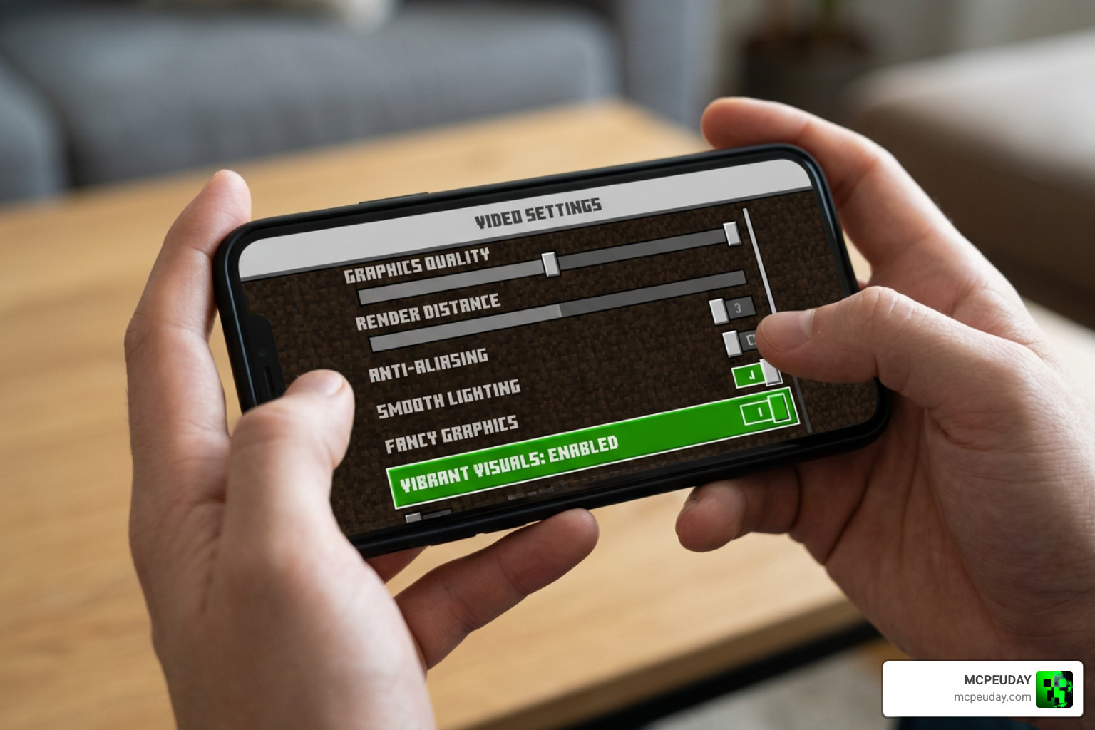 Minecraft PE video settings menu with Vibrant Visuals toggle