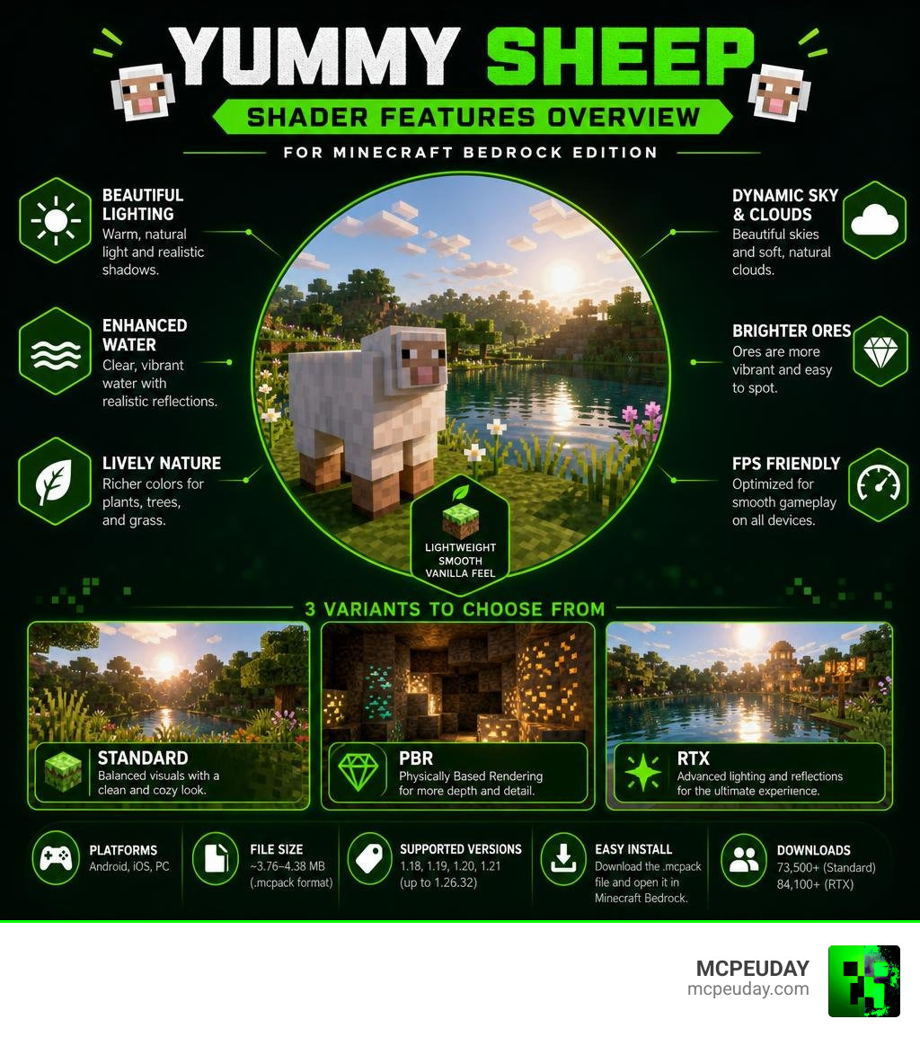 Yummy Sheep Shader features overview infographic for Minecraft Bedrock Edition infographic