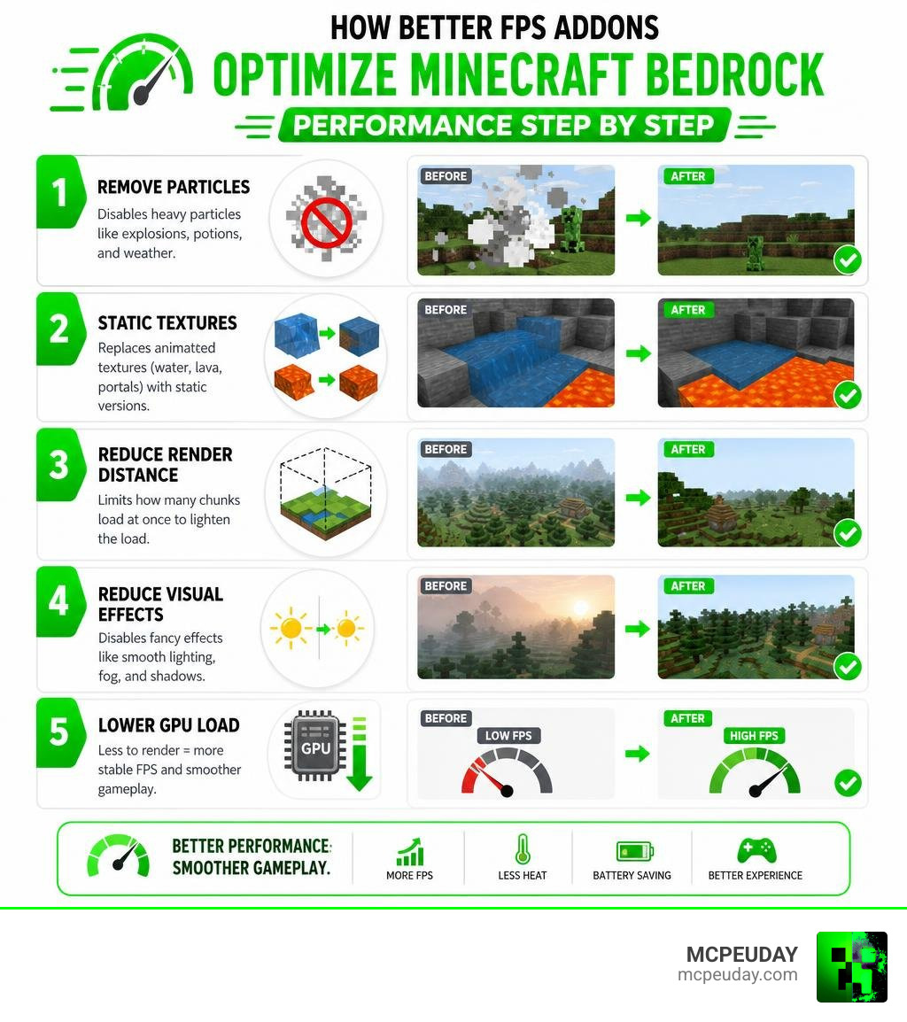 How Better FPS Addons optimize Minecraft Bedrock performance step by step infographic How Better FPS Addons optimize Minecraft Bedrock performance step by step infographic
