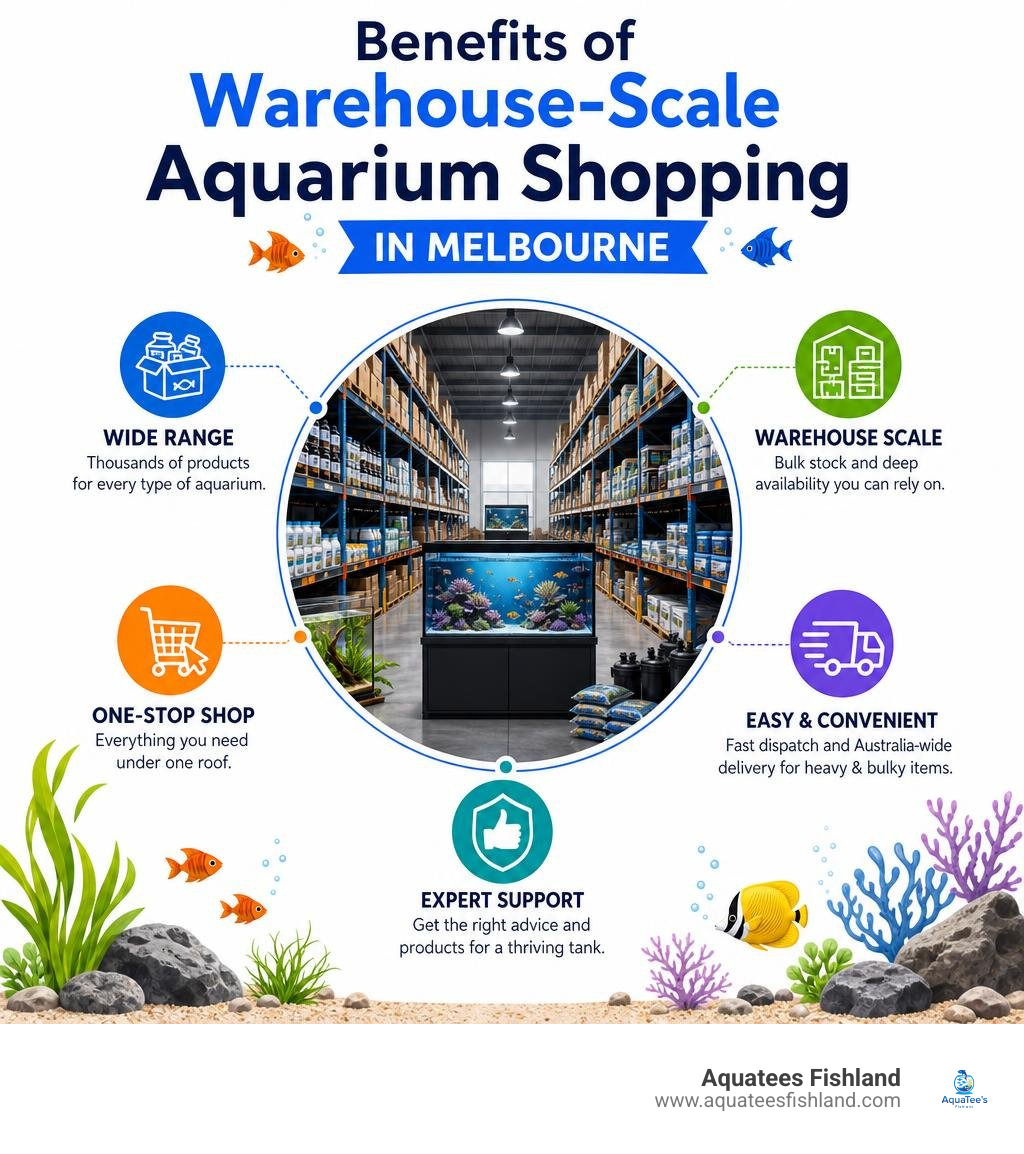 Benefits of warehouse-scale aquarium shopping in Melbourne infographic infographic