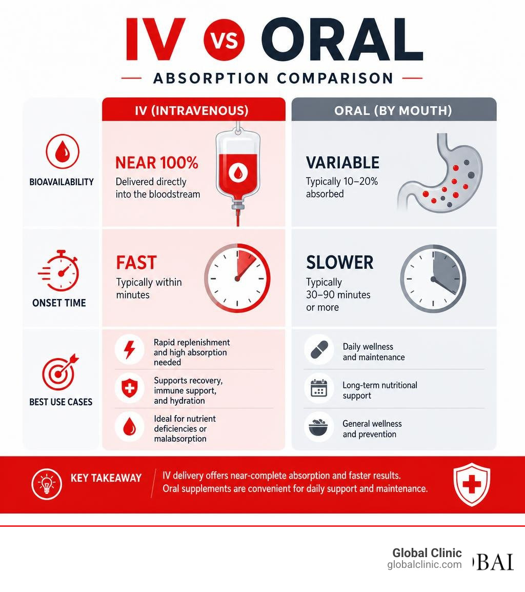 IV vs oral absorption comparison infographic showing bioavailability, onset time, and best use cases infographic