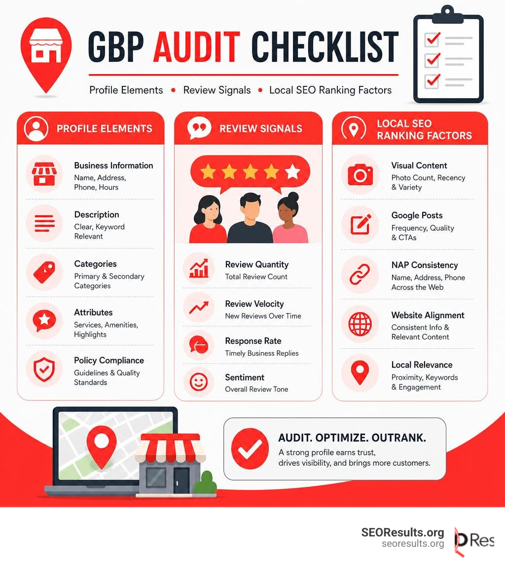 GBP audit checklist showing profile elements, review signals, and local SEO ranking factors infographic GBP audit checklist showing profile elements, review signals, and local SEO ranking factors infographic