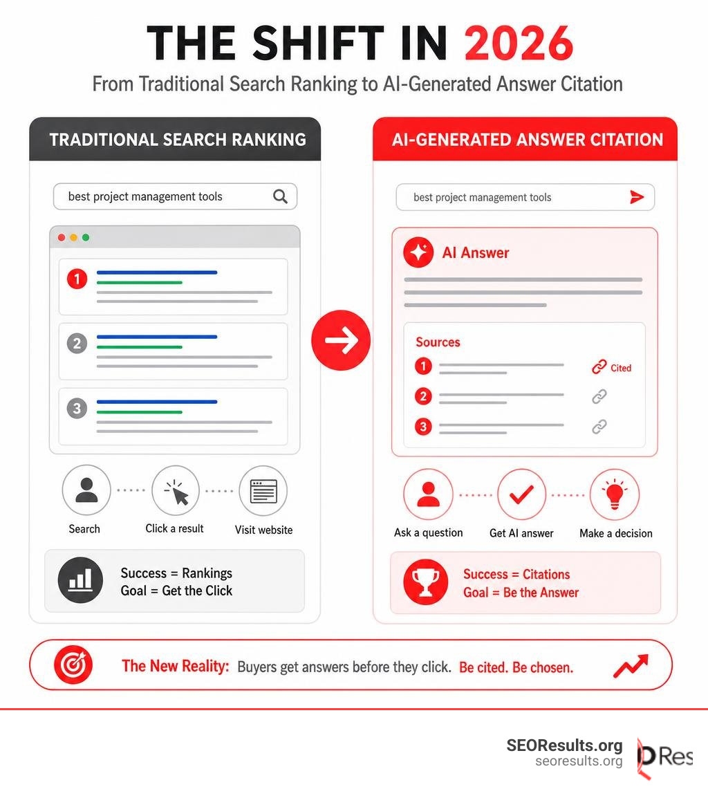 Shift from traditional search ranking to AI-generated answer citation in 2026 infographic Shift from traditional search ranking to AI-generated answer citation in 2026 infographic