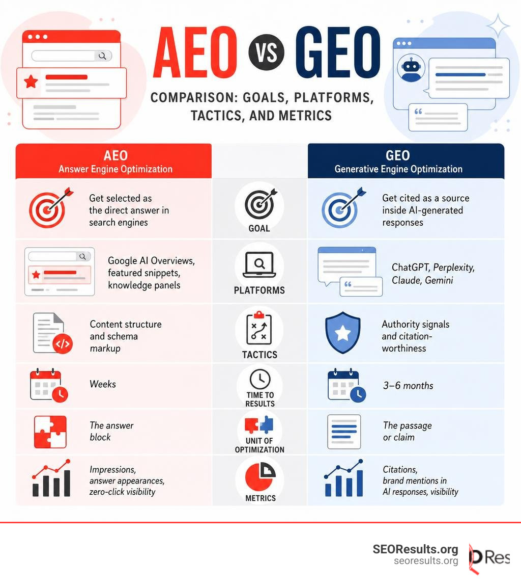 AEO vs GEO comparison: goals, platforms, tactics, and metrics side by side infographic AEO vs GEO comparison: goals, platforms, tactics, and metrics side by side infographic