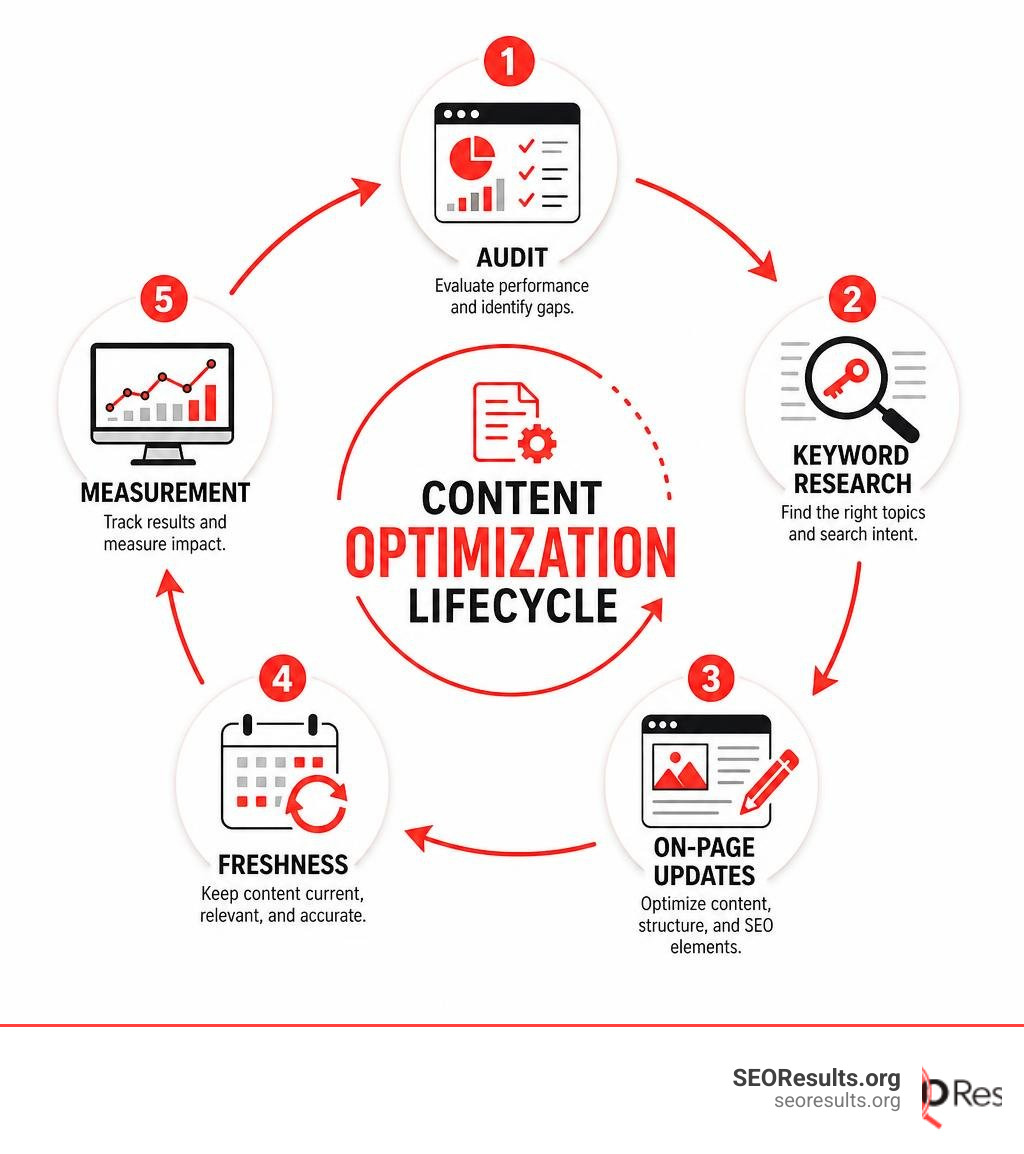 Content optimization lifecycle: audit, keyword research, on-page updates, freshness, measurement infographic Content optimization lifecycle: audit, keyword research, on-page updates, freshness, measurement infographic