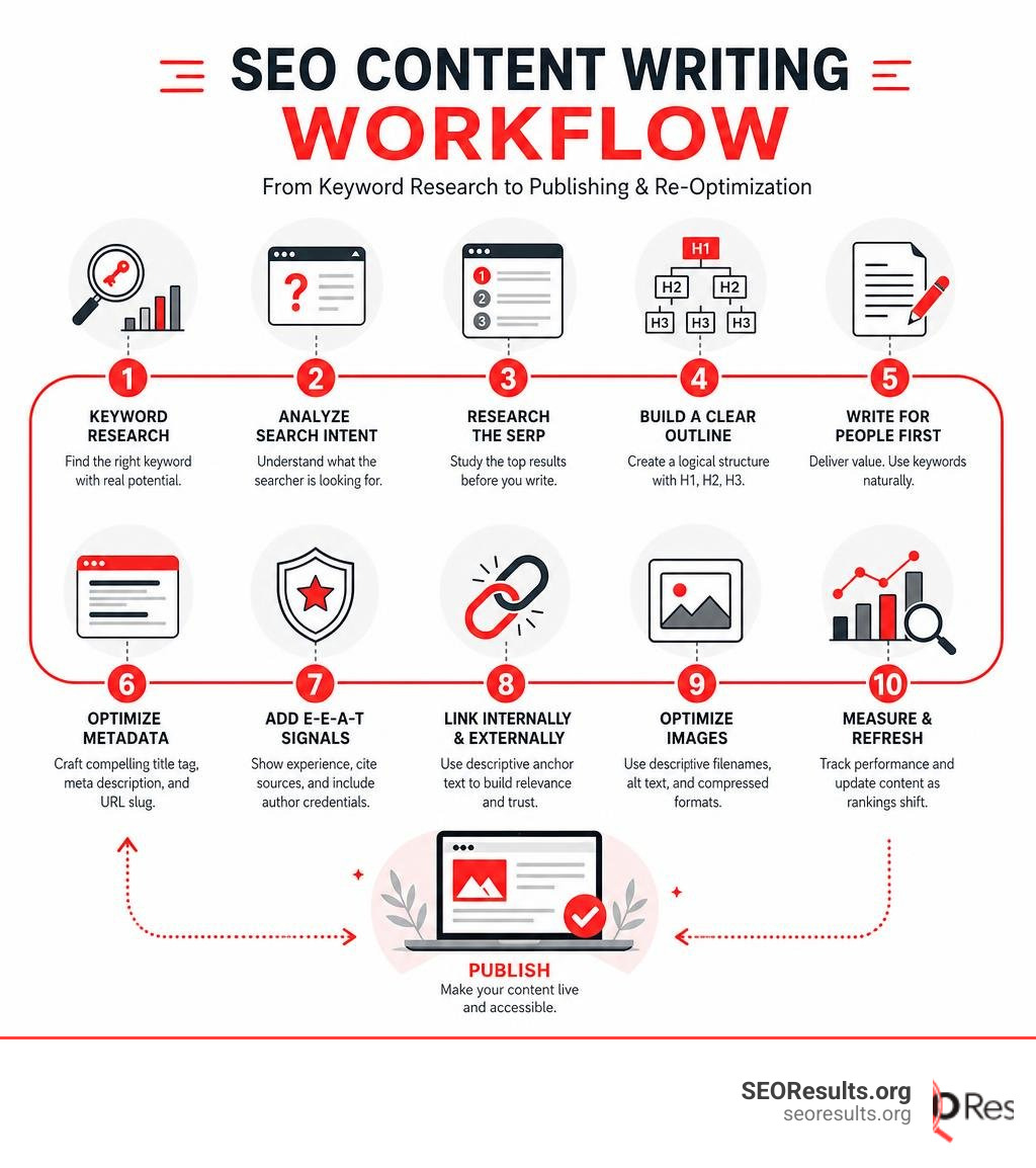 SEO content writing workflow from keyword research to publishing and re-optimization infographic SEO content writing workflow from keyword research to publishing and re-optimization infographic
