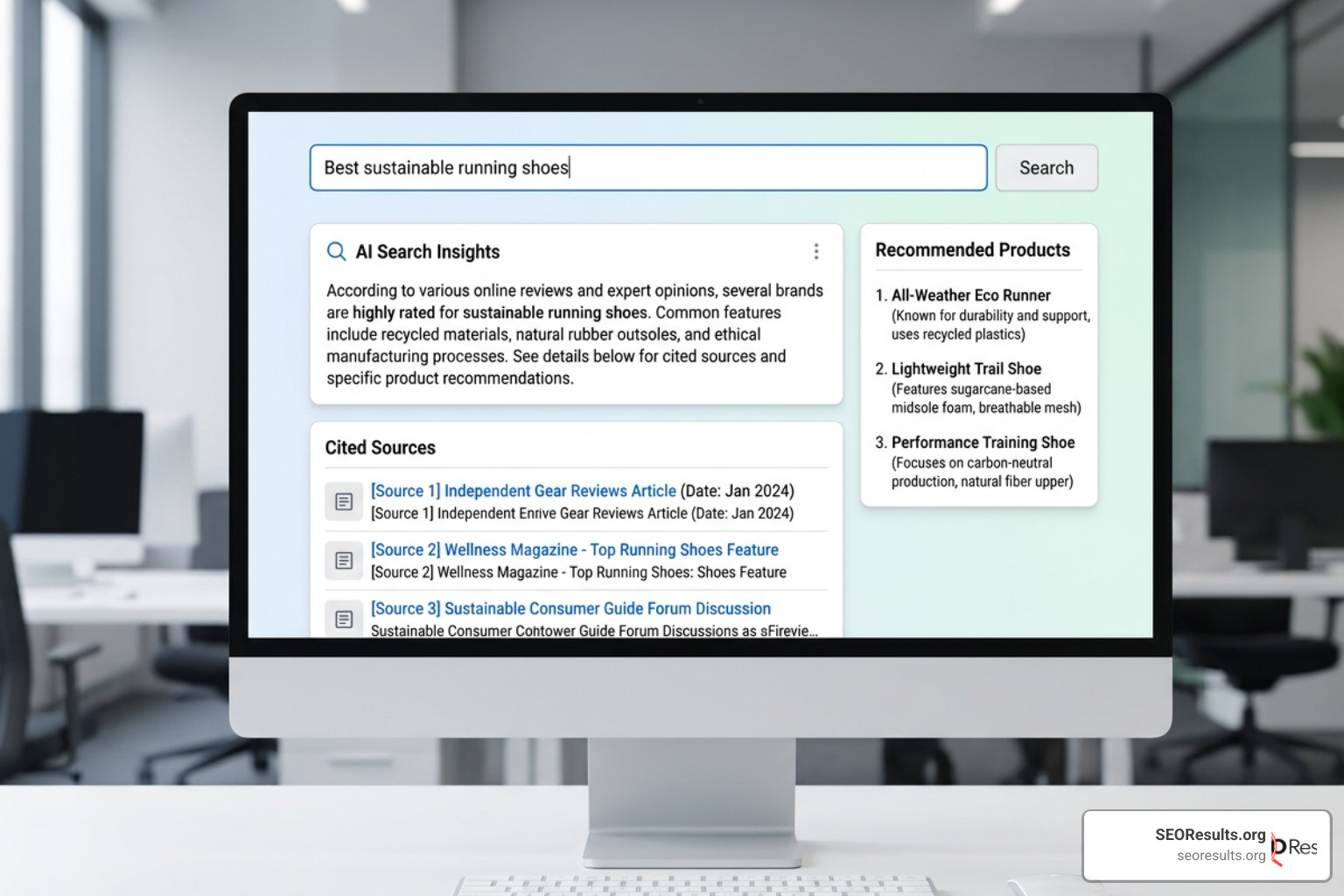 AI search results showing cited sources and recommended brands