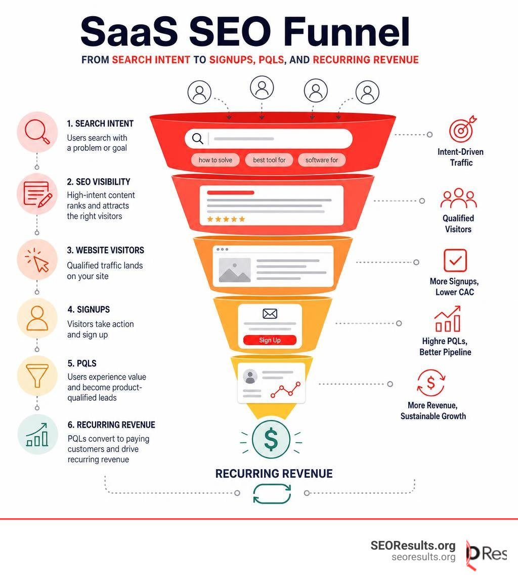 SaaS SEO funnel from search intent to signups, PQLs, and recurring revenue infographic