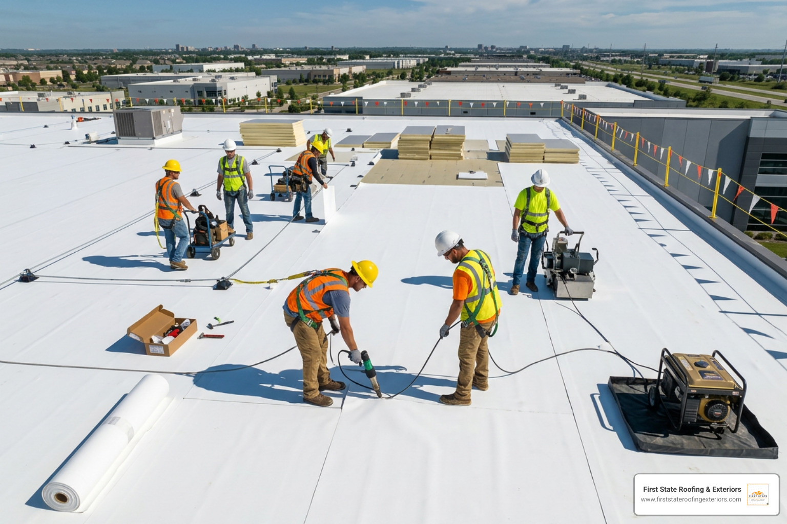OSHA-compliant roofing crew installing commercial single-ply membrane with safety harnesses OSHA-compliant roofing crew installing commercial single-ply membrane with safety harnesses