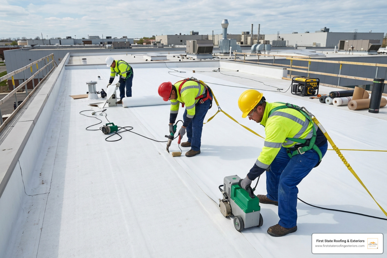 Professional commercial roofing technicians performing flat roof installation with safety harnesses Professional commercial roofing technicians performing flat roof installation with safety harnesses
