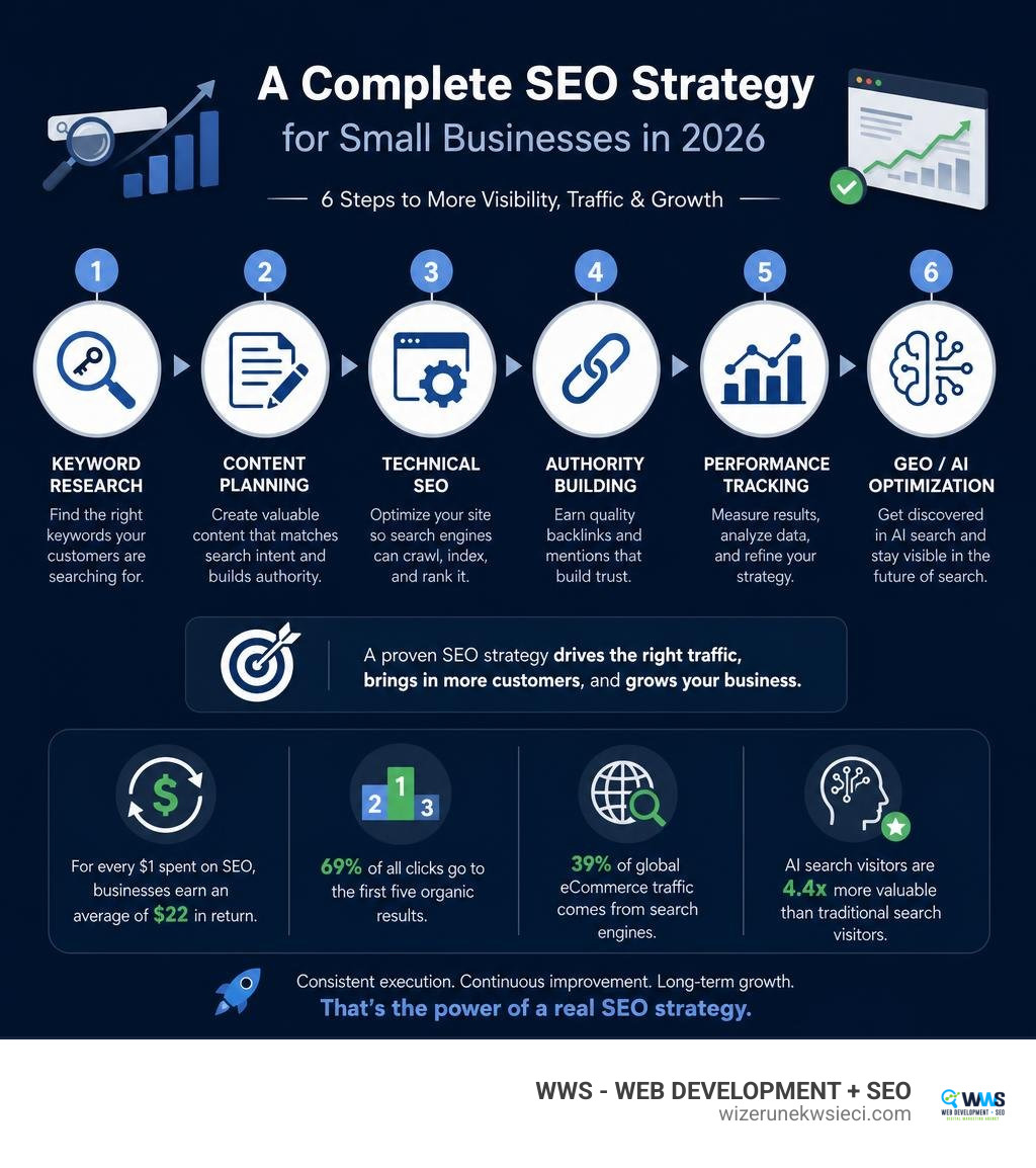 Step-by-step overview of a complete SEO strategy for small businesses in 2026 infographic Step-by-step overview of a complete SEO strategy for small businesses in 2026 infographic
