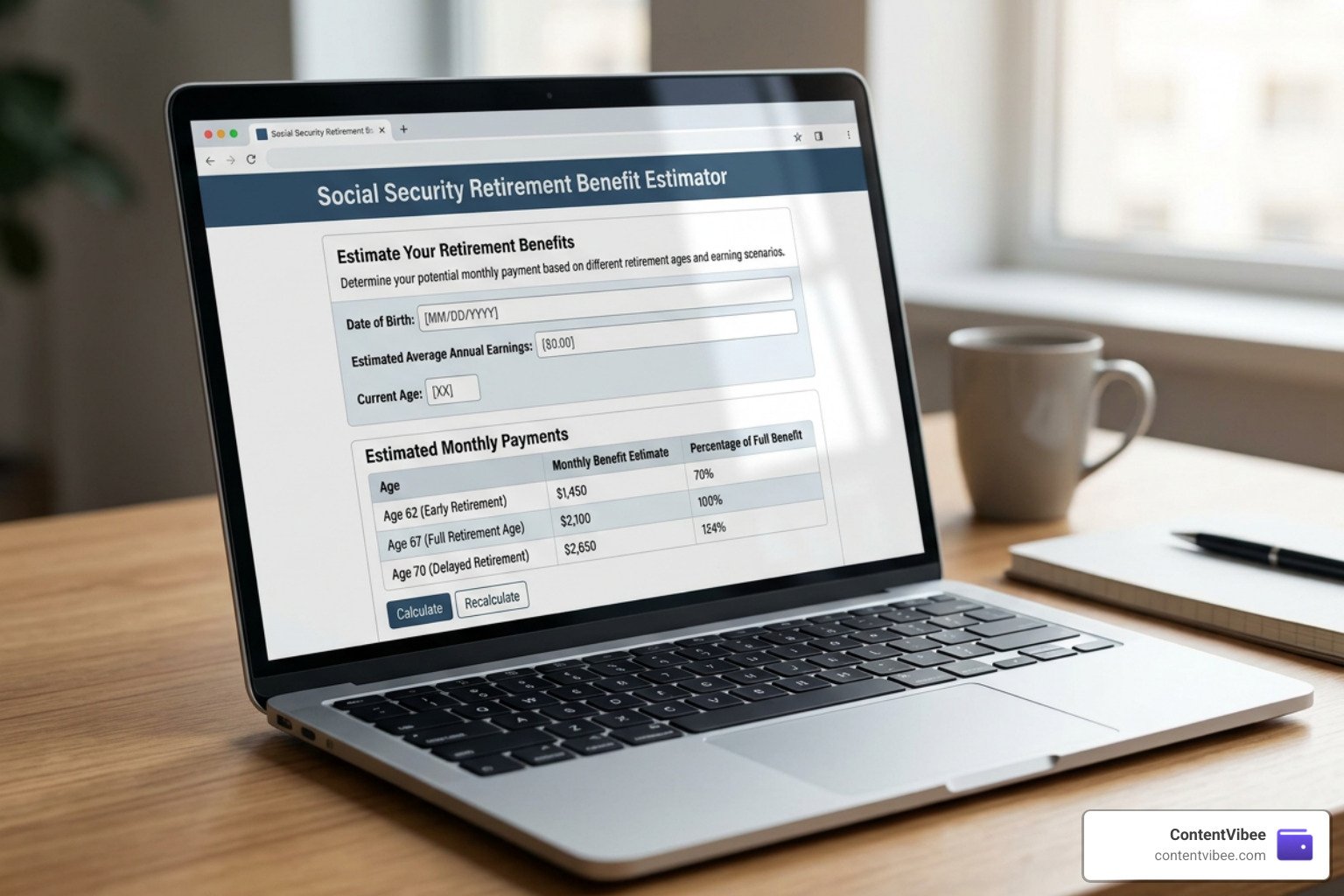 Social Security calculator displaying monthly retirement benefit estimates based on age
