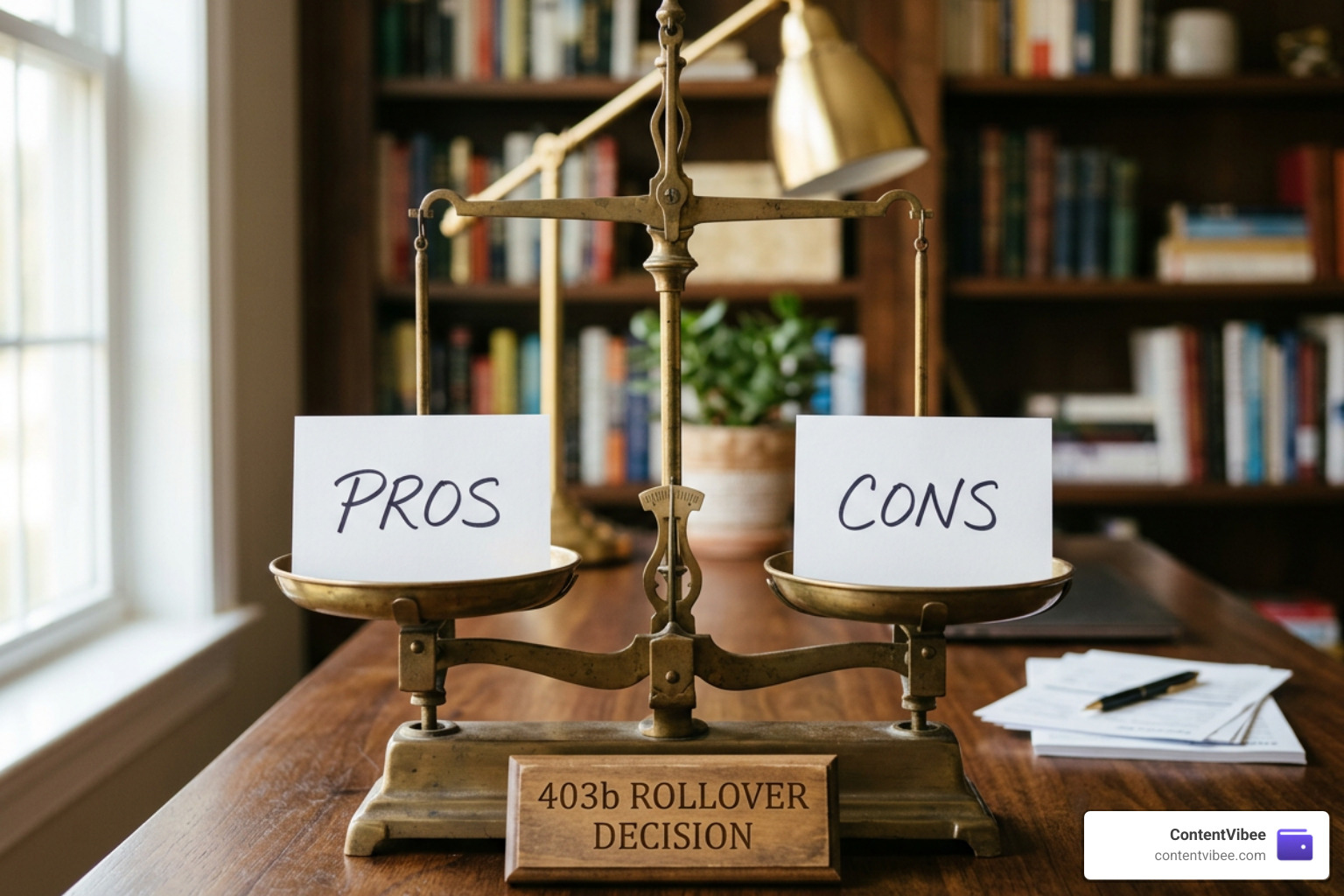 financial balance scale comparing 403b rollover pros and cons
