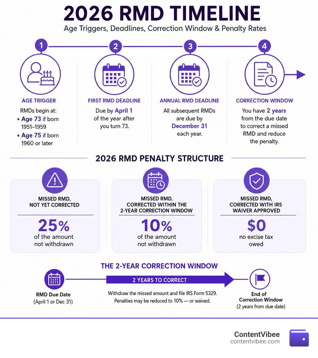 2026 RMD timeline and penalty structure: age triggers, deadlines, correction window, and penalty rates infographic