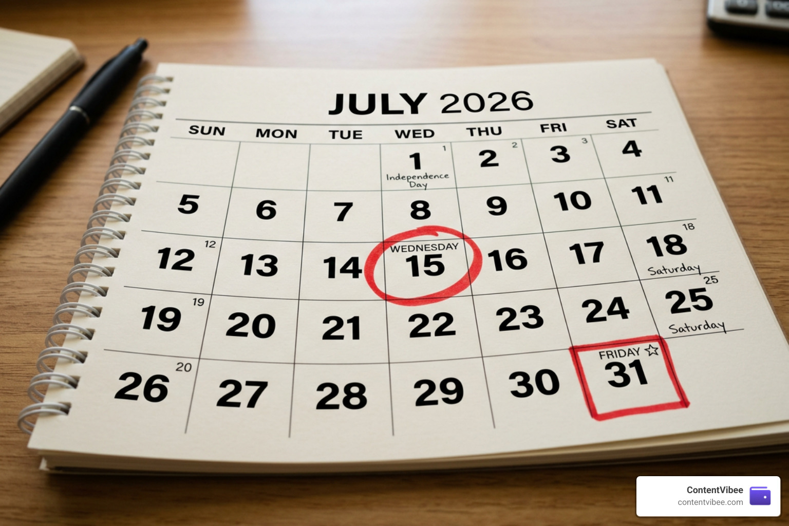 calendar highlighting 2026 tax deadlines