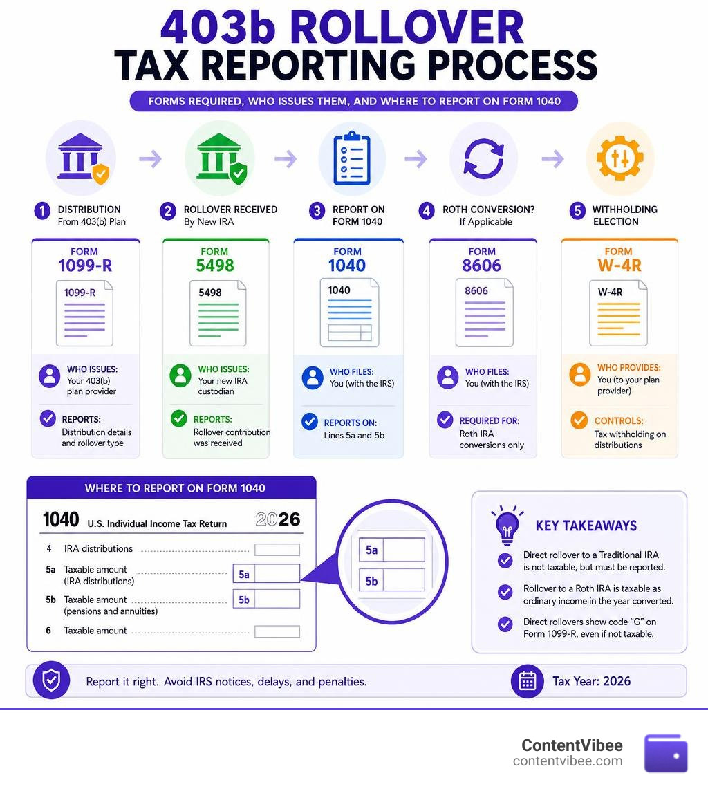 403b rollover tax reporting process: forms required, who issues them, and where to report on Form 1040 infographic 403b rollover tax reporting process: forms required, who issues them, and where to report on Form 1040 infographic