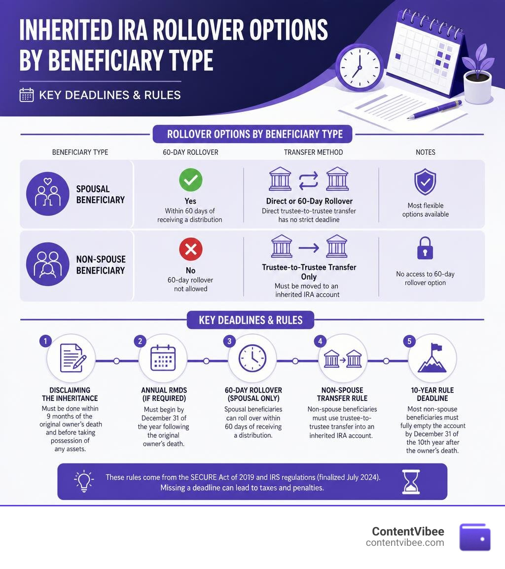 Inherited IRA rollover options by beneficiary type with key deadlines and rules infographic