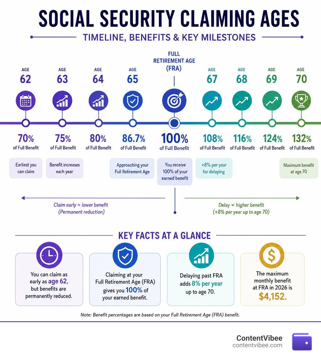 Timeline of Social Security claiming ages from 62 to 70 showing benefit percentages and key milestones infographic