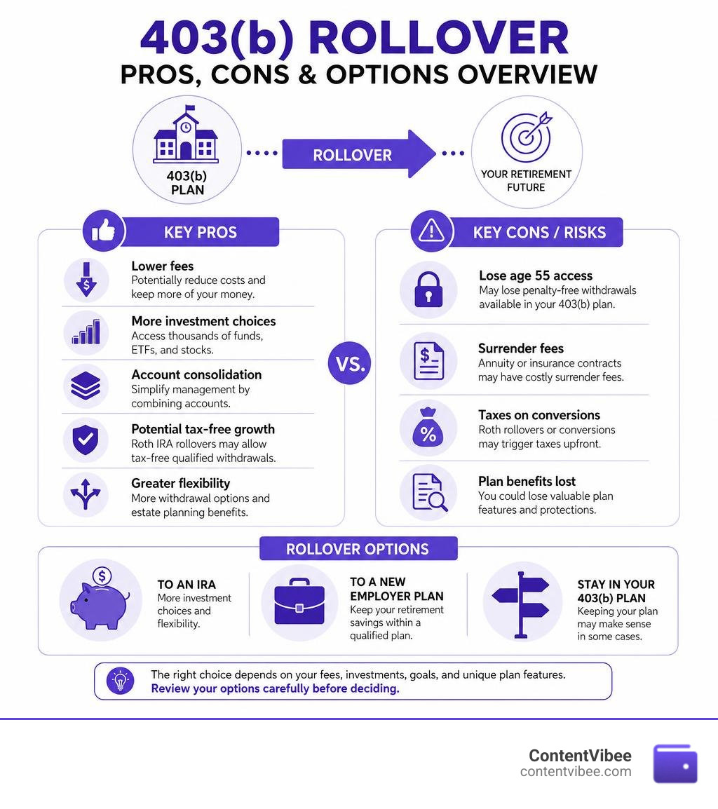 403b rollover pros and cons overview infographic showing key benefits, risks, and rollover options infographic