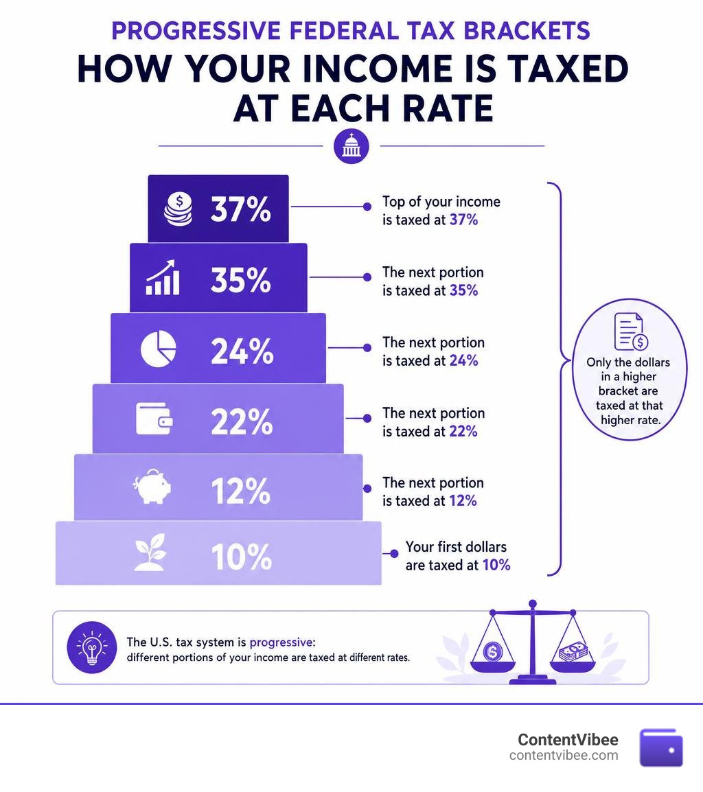 Progressive federal tax brackets showing how income is taxed at each rate from 10% to 37% infographic Progressive federal tax brackets showing how income is taxed at each rate from 10% to 37% infographic