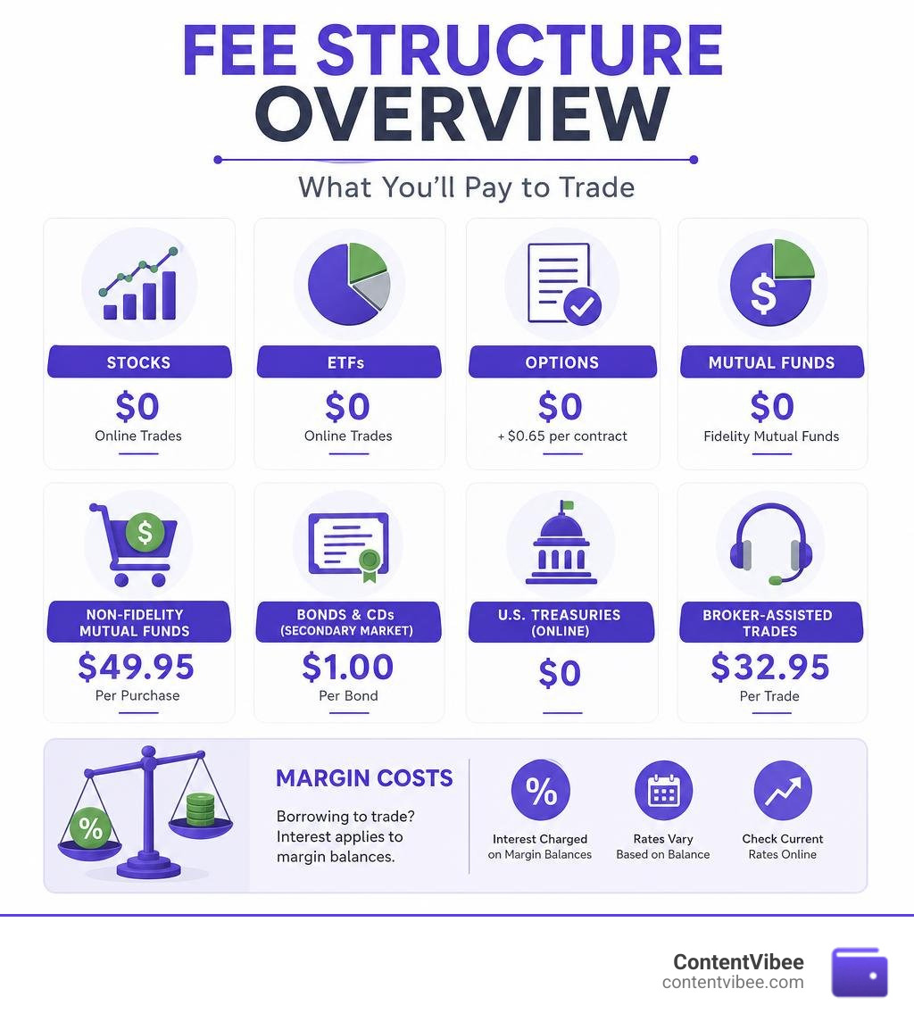 Fidelity fee structure overview infographic showing stock ETF options mutual fund and margin costs infographic