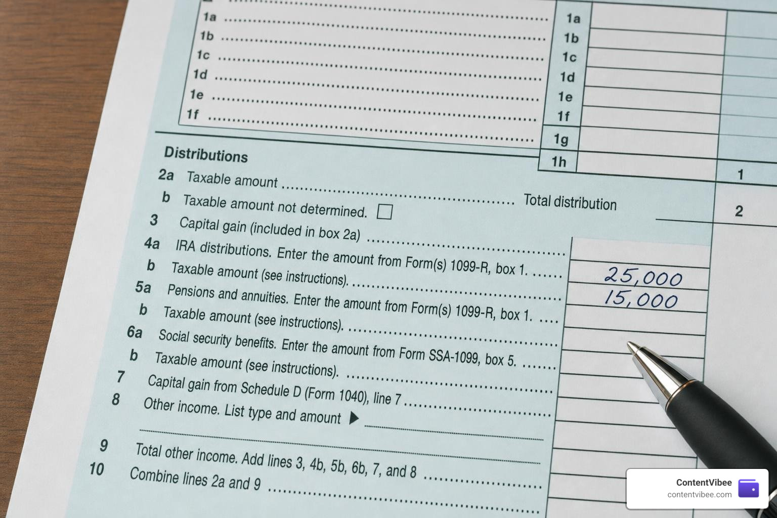 IRS Form 1040 showing retirement distribution lines IRS Form 1040 showing retirement distribution lines