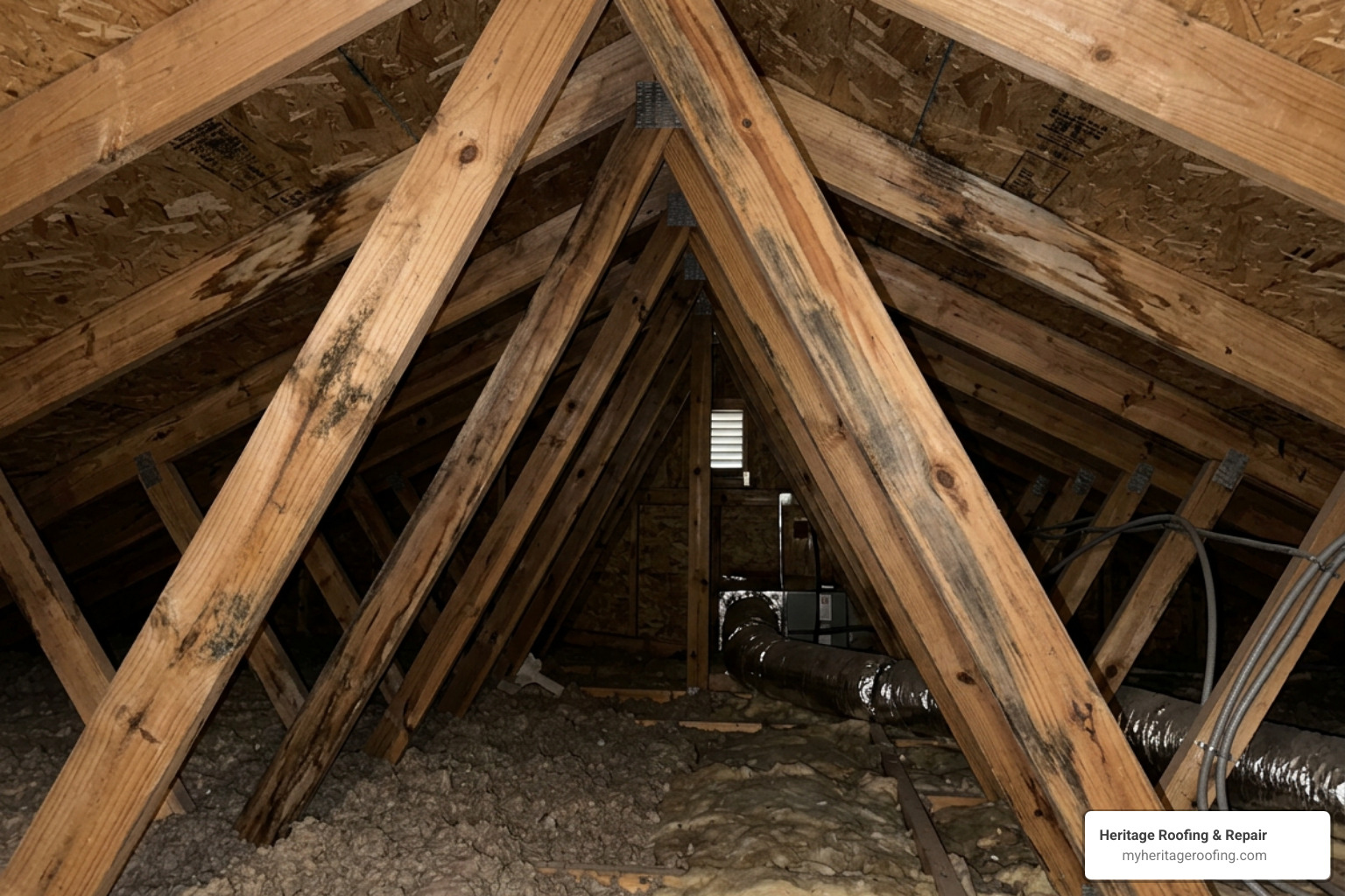Attic inspection showing water stains on rafters from hidden roof leaks Attic inspection showing water stains on rafters from hidden roof leaks