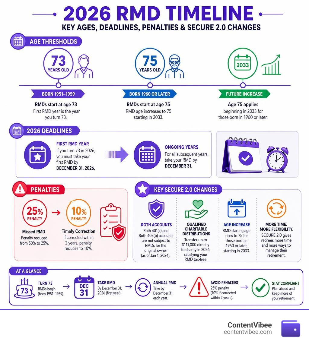 2026 RMD timeline infographic showing age thresholds, deadlines, penalties, and key SECURE 2.0 changes infographic