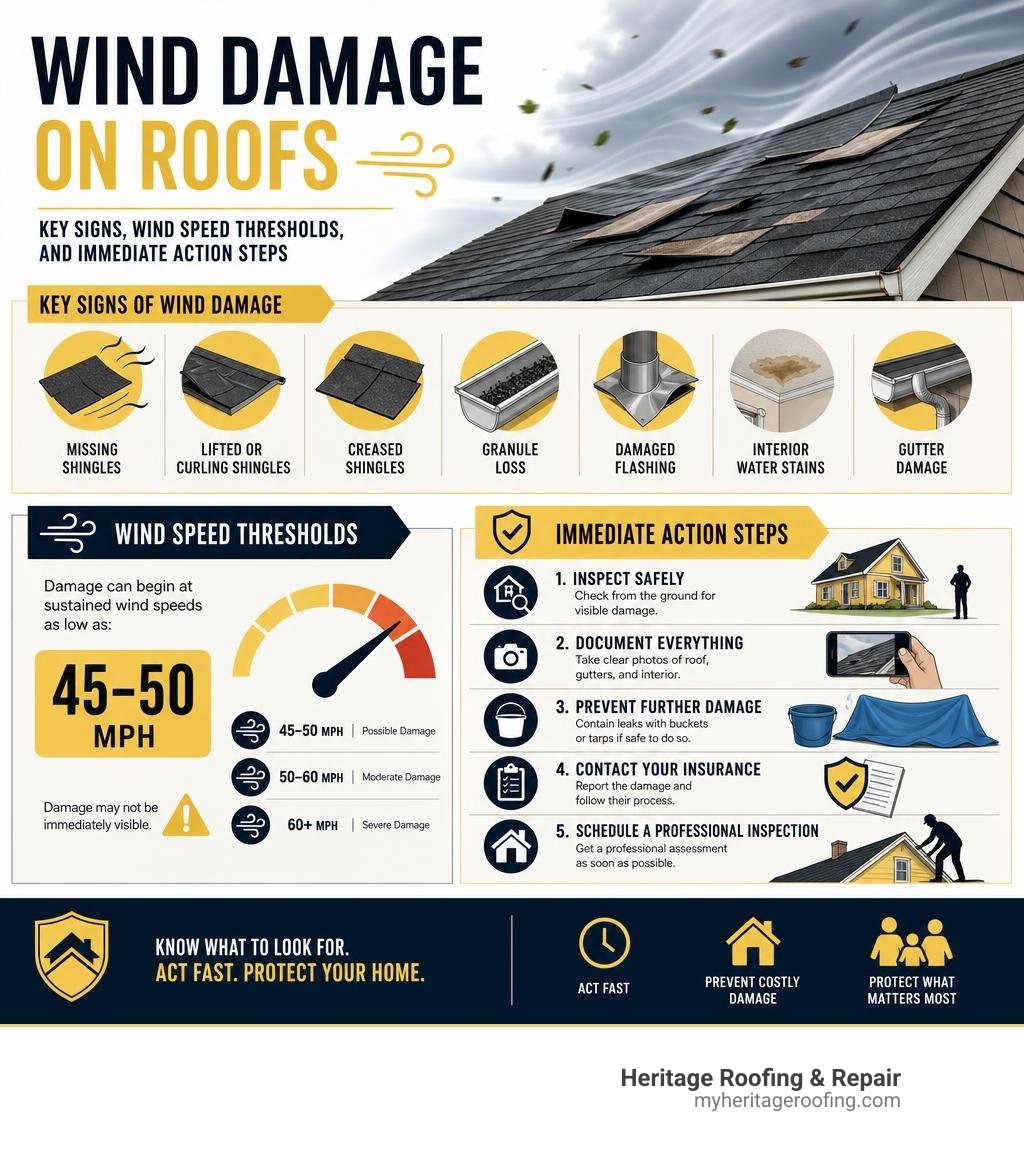 Wind damage on roofs — key signs, wind speed thresholds, and immediate action steps infographic infographic Wind damage on roofs — key signs, wind speed thresholds, and immediate action steps infographic infographic