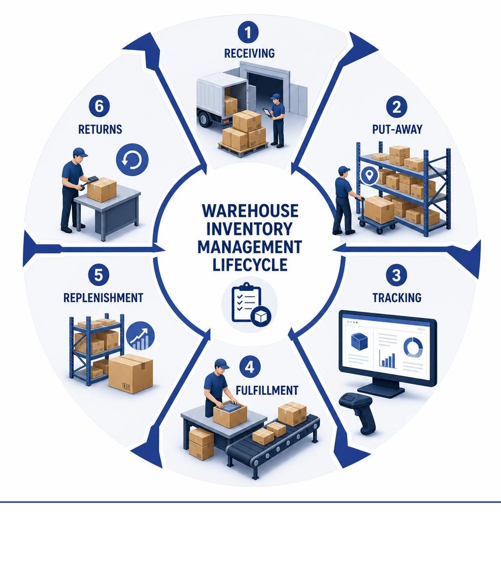 Warehouse inventory management lifecycle: receiving, put-away, tracking, fulfillment, replenishment, returns infographic
