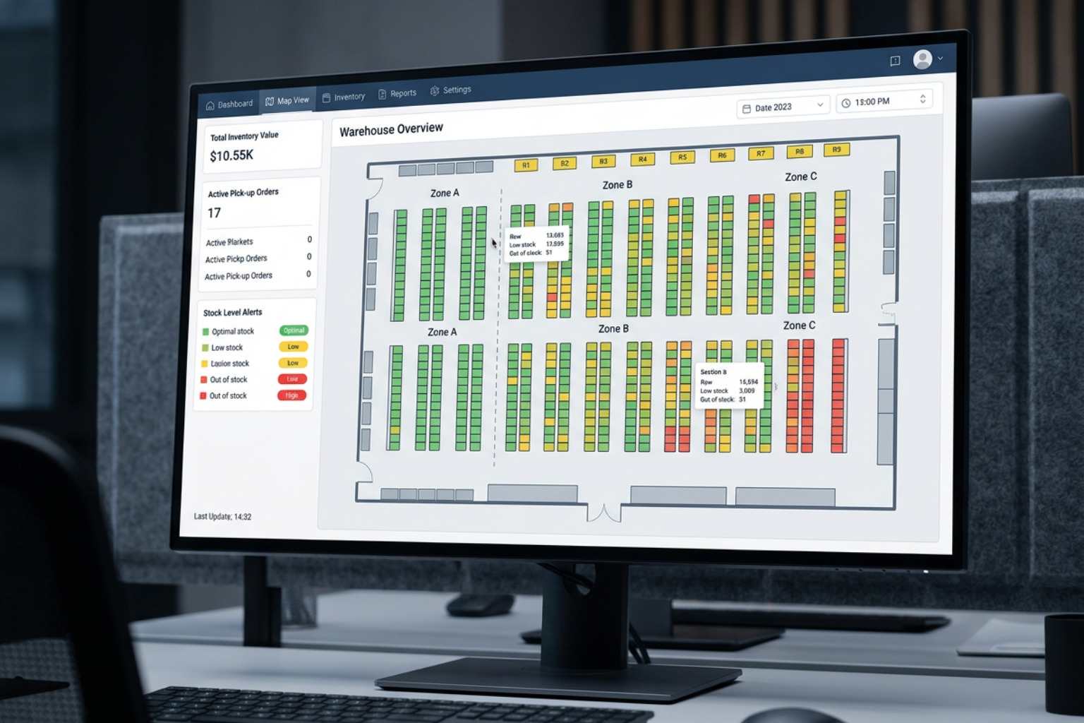 Warehouse control software interface illustrating inventory mapping Warehouse control software interface illustrating inventory mapping