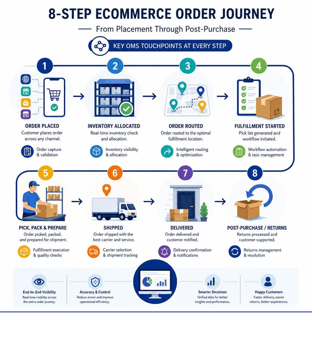 8-step ecommerce order journey from placement through post-purchase, showing key OMS touchpoints infographic