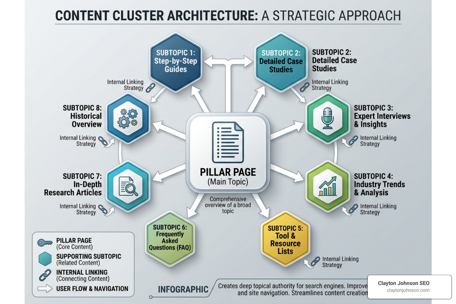 Content cluster architecture showing a central pillar page and supporting subtopic spokes
