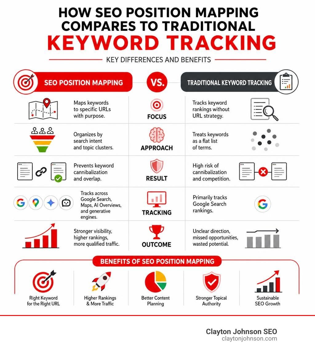How SEO position mapping compares to traditional keyword tracking — key differences and benefits infographic