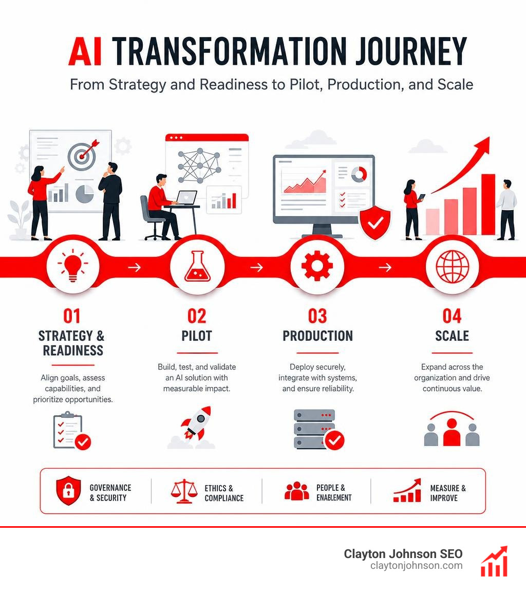 AI transformation journey from strategy and readiness through pilot, production, and scale infographic AI transformation journey from strategy and readiness through pilot, production, and scale infographic