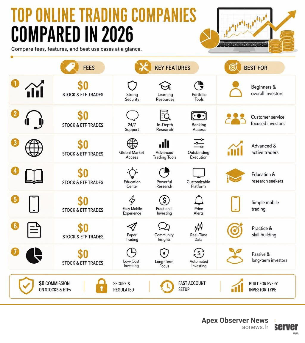 Infographic comparing top online trading companies by fees, features, and best use cases in 2026 infographic