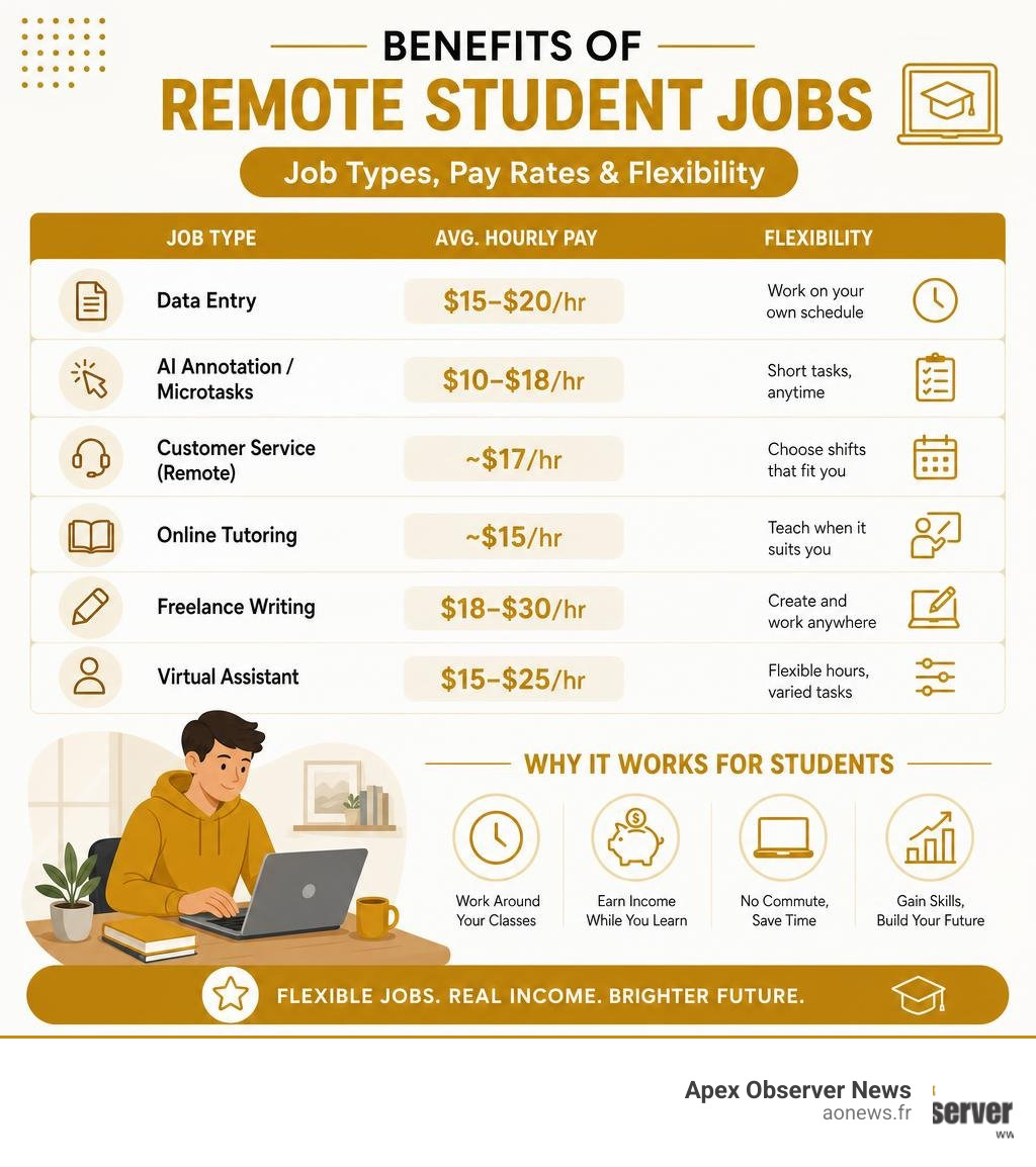 Benefits of remote student jobs infographic showing job types, pay rates, and flexibility infographic