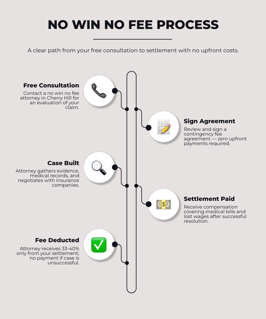Contingency fee process: free consultation, sign agreement, case built, settlement paid, attorney fee deducted infographic Contingency fee process: free consultation, sign agreement, case built, settlement paid, attorney fee deducted infographic
