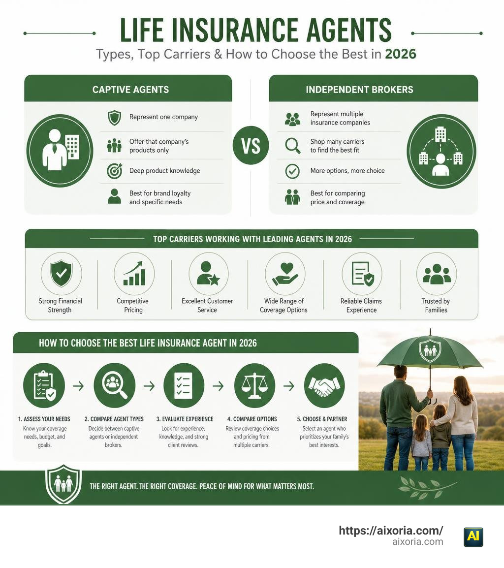 Comparison of life insurance agent types, top carriers, and how to choose the best agent in 2026 infographic