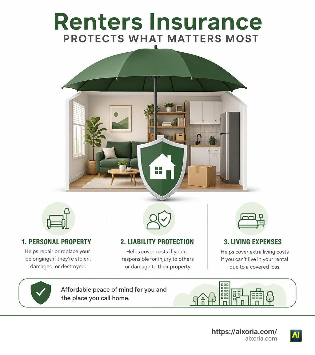 Infographic showing how State Farm renters insurance protects personal property, liability, and living expenses infographic