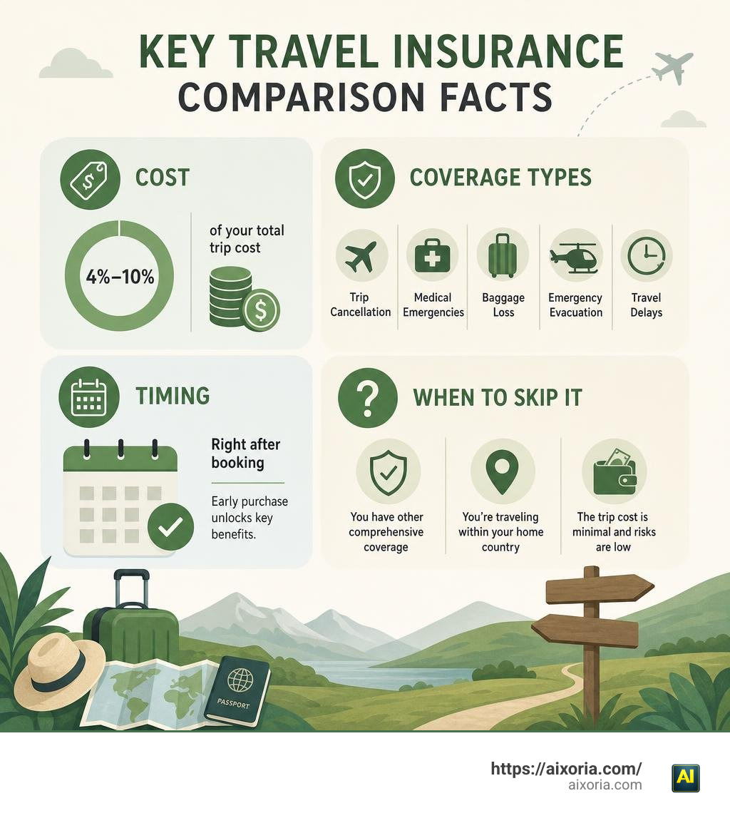 Key travel insurance comparison facts: cost, coverage types, timing, and when to skip it infographic