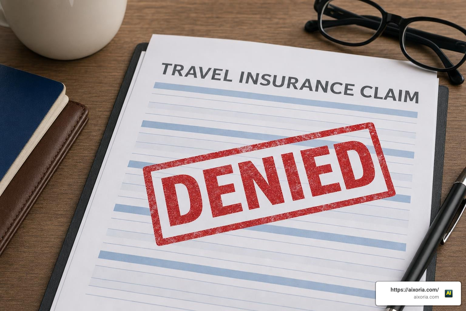 a denied travel insurance claim document with a red stamp